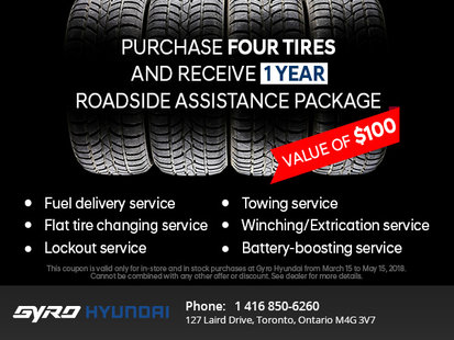 Purchase four tires and receive 1 year roadside assistance package