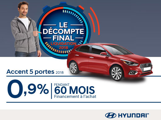 Ne manquez pas le DÉCOMPTE FINAL sur l'Accent 2018 chez Hyundai Magog!